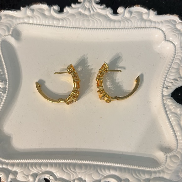 Citrine & Mixed Cut Gemstones Hoop Earrings 14K Goldplated Sterling Silver - Picture 6 of 11